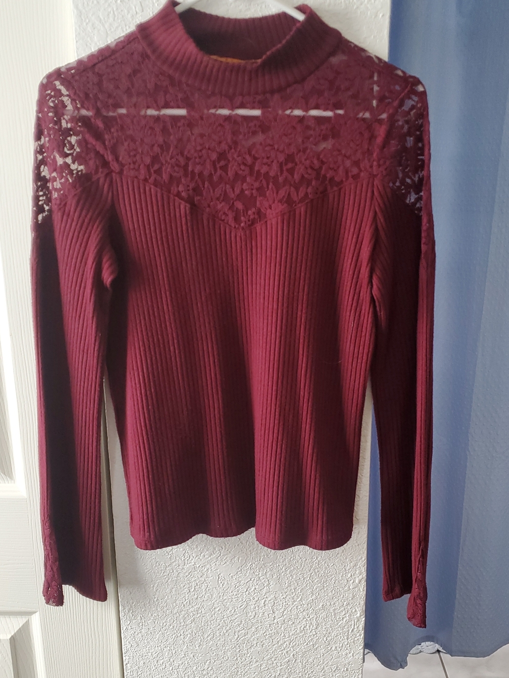 Belldini Burgundy Ribbed Knit Top with Lace Yoke